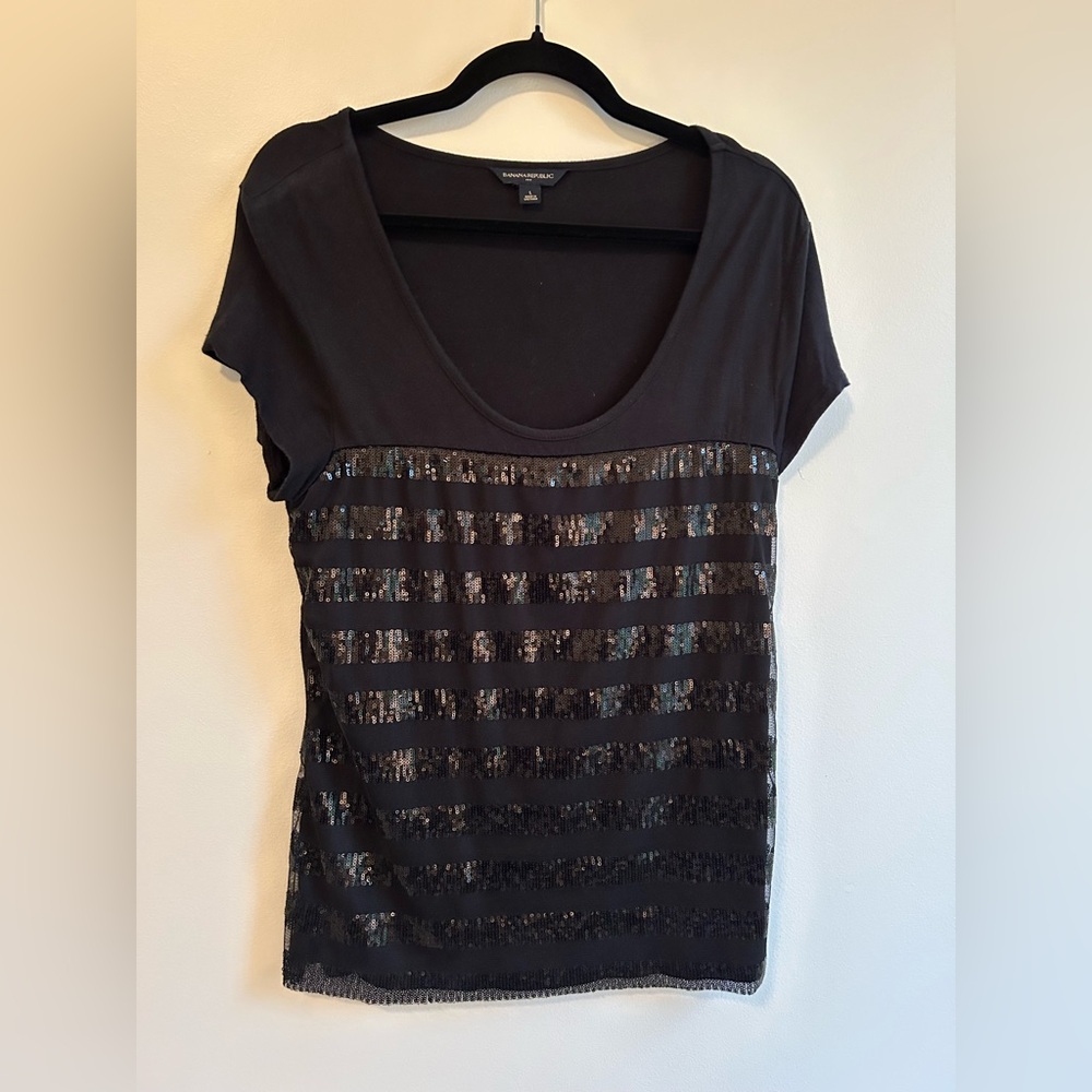 Banana Republic Factory Black Sequin Stripe Cap Sleeve Top Women’s Large